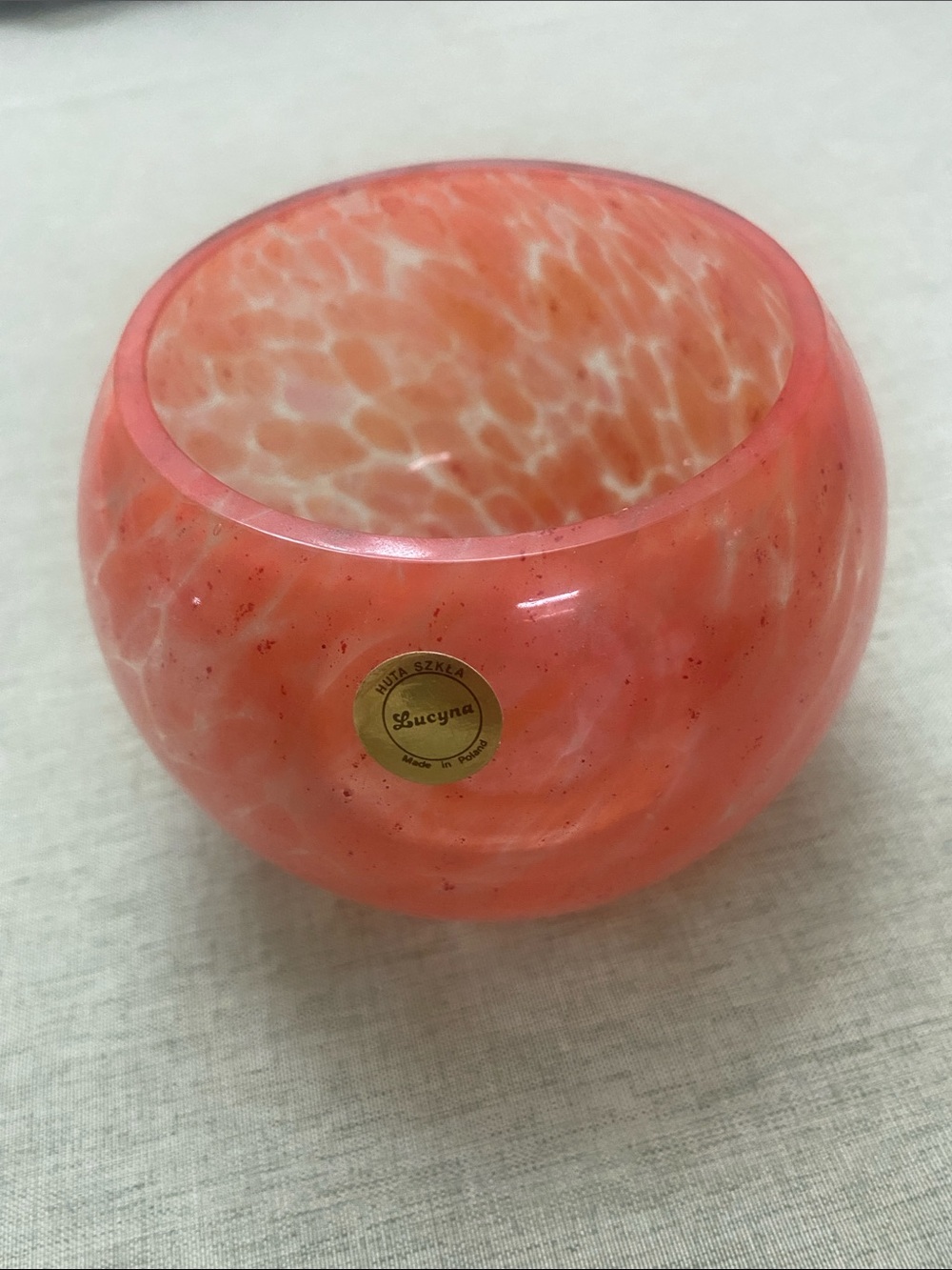 Huta Szkta Lucyna Hand-blown Speckled Orange Art Glass Bowl Vase Candle Holder